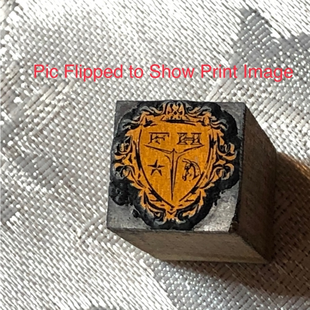 Antique Wooden Print Block Copper F H Star Horse Shield